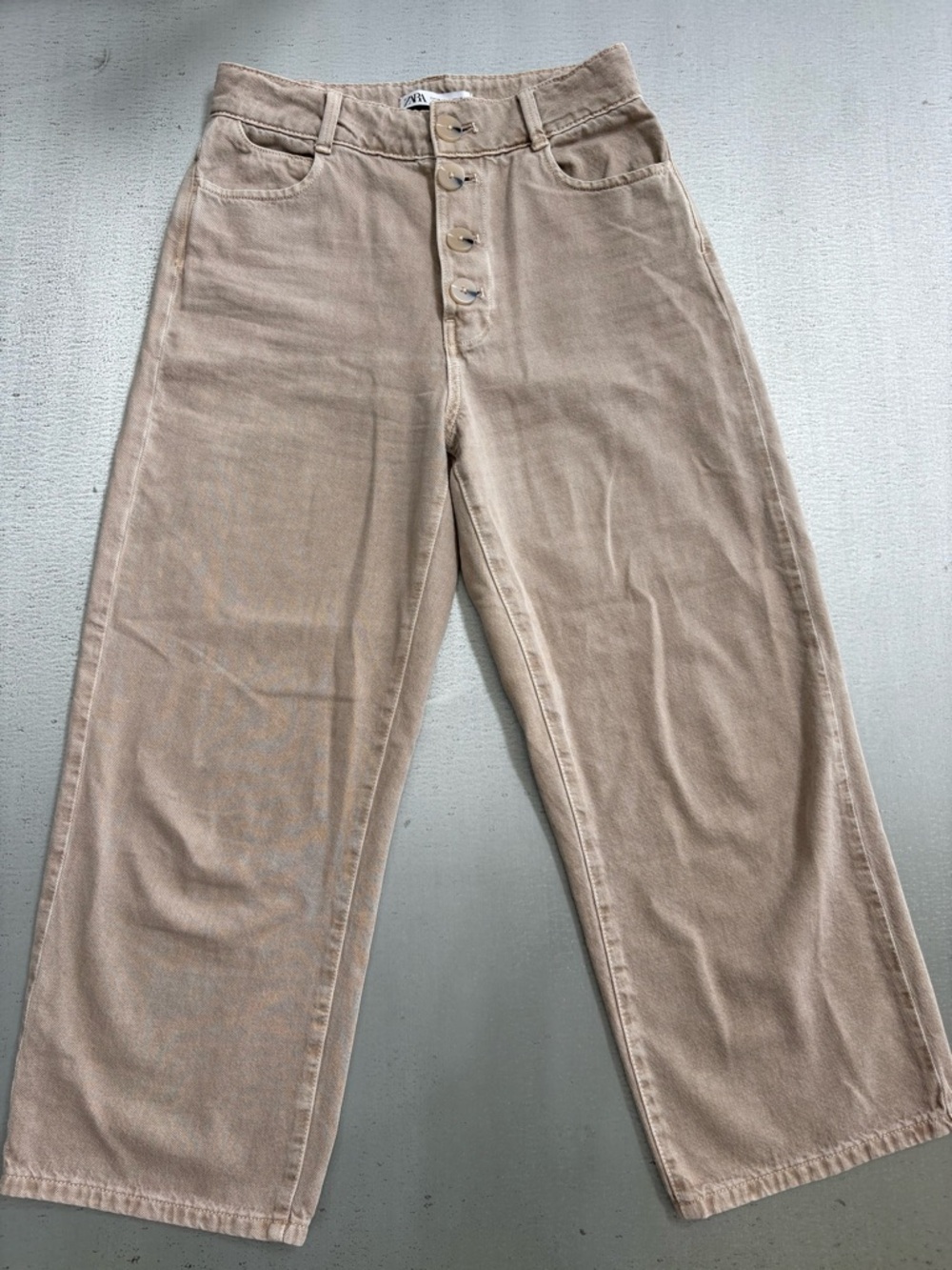 Zara- High-Waist Button-Fly Wide Leg Pants - Beige